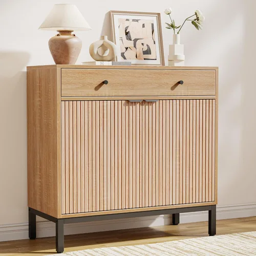 Vista 20 de Mericonia Aparador Buffet Gabinete Almacenamiento, Consola de madera moderna acanalada Credenza