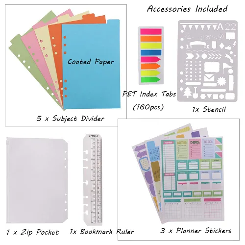 Vista 28 de HXRTANGS A5 Refillable Notebook, Ring Binder Journal Personal Organizer with Lined Paper + Planner Stickers + Subject Dividers + Index Tabs +