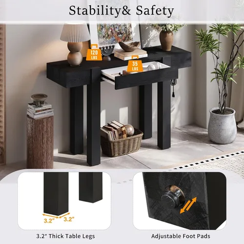 Vista 4 de Mesa de consola de entrada, sofá largo estrecho para pasillo, mesa de vestíbulo detrás del sofá, retro con cajón oculto, toma de corriente lateral