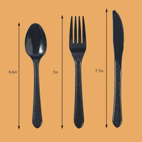 Vista 2 de FULING Juego de cubiertos de plástico negro de 300 piezas, cuchillos de plástico desechables y cubiertos – Utensilios pesados reutilizables
