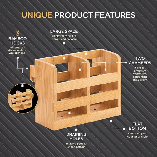 Vista 4 de Porta Utensilios de Bambú para Escurridor de Platos - Organizador para Cubiertos y Utensilios con Ganchos - Compatible con Escurridores de Platos