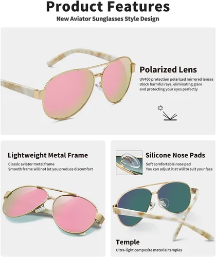 Vista 5 de Gafas de sol de aviador para mujer, polarizadas, protección UV, lentes espejadas