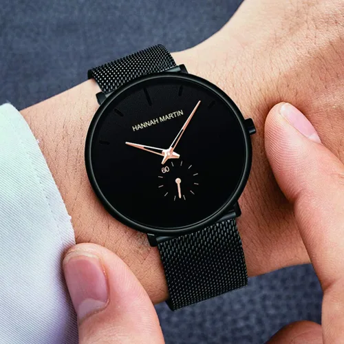 Vista 7 de Reloj de pulsera ultrafino negro para hombre, vestido impermeable de moda, correa de acero inoxidable