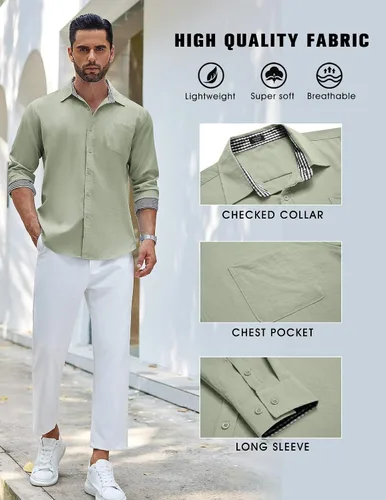 Vista 4 de COOFANDY Camisa de lino con botones para hombre, de manga larga, informal, para playa, con bolsillo