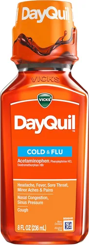 Vista 7 de Vicks DayQuil - Alivio multisíntoma para tos, resfriado y gripe, 8 onzas líquidas (sin somnolencia), alivio del dolor de garganta, fiebre