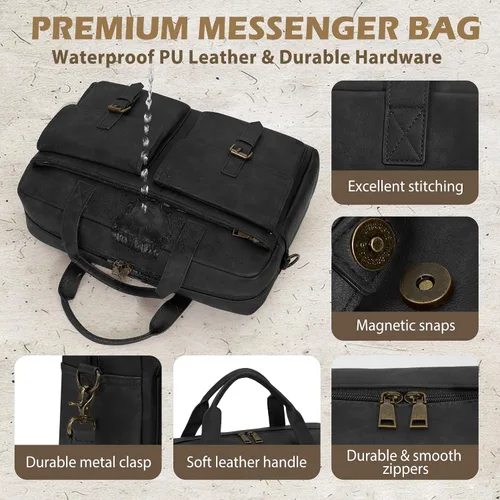 Vista 5 de RAINSMORE Bolsa tipo mensajero para hombre, de piel de 16 pulgadas, para laptop, maletín para computadora de trabajo, oficina, negocios, viajes