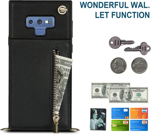 Vista 7 de Funda para teléfono Samsung Galaxy Note 9 con correa cruzada, tarjetero de cuero, ranuras de crédito, soporte magnético, accesorio para celular