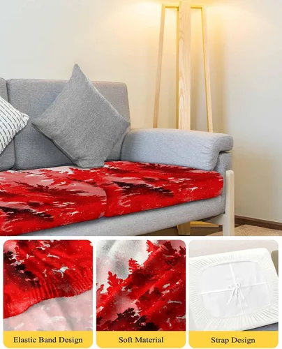 Vista 4 de Fundas de cojín rojas para sofá con diseño de árbol de Navidad, funda elástica para sofá con parte inferior elástica, diseño de árbol de Navidad