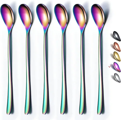 Vista 8 de Juego de agitador de café de acero inoxidable premium, mango largo, cucharas de té helado y crema, agitador de cóctel, juego de 6 (plateado)