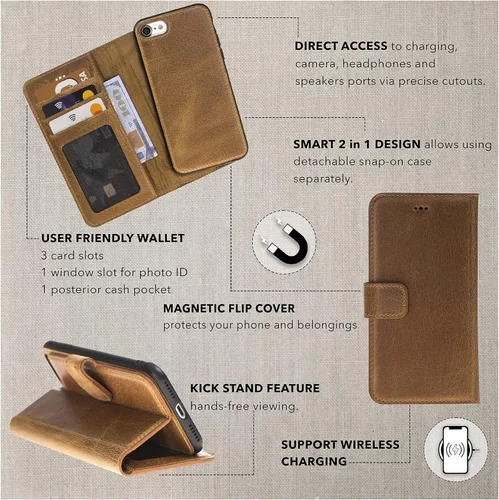 Vista 2 de HARDISTON Compatible con iPhone 7 Plus / 8 Plus Funda Cartera, Hecha a Mano de Cuero Genuino, Funda Magnética Desmontable con Tapa Abatible