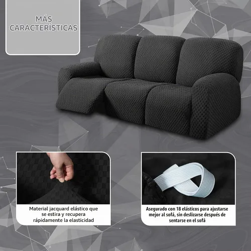 Vista 3 de ULTICOR - Juego de 8 fundas para sofá reclinable, fundas de sofá de punto jacquard elásticas para 3 cojines, fundas de sofá reclinable gruesas, Negro