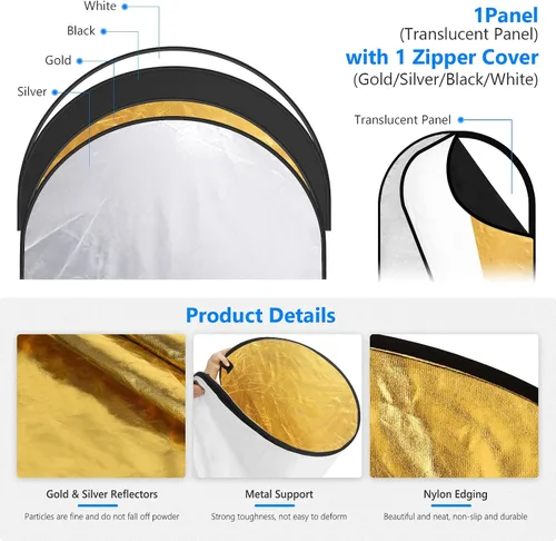 Vista 7 de NEEWER Reflectores de luz de 80x120cm para fotografía de 31"x47", portátiles 5 en 1 plegables con bolsa - Difusor translúcido, plateado, dorado