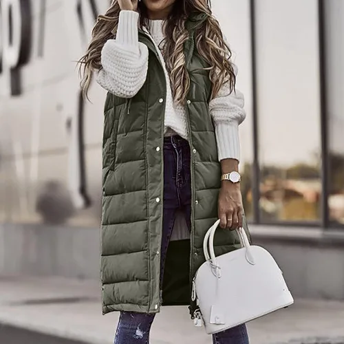 Vista 2 de OSFVNOXV Chaqueta larga acolchada para mujer, abrigo de invierno con cremallera completa, sin mangas, con capucha, cálidos, cortavientos gruesos