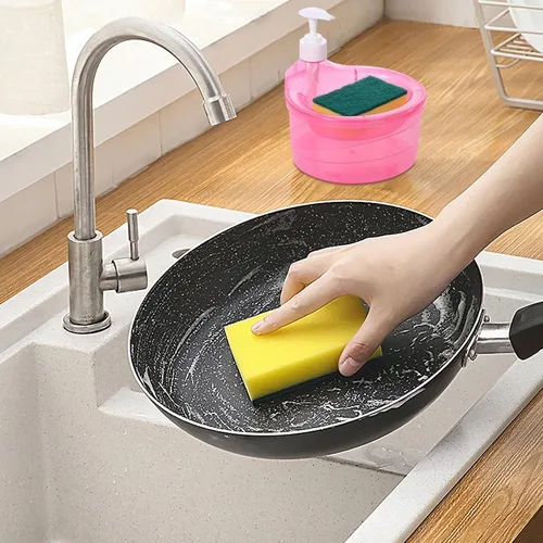 Vista 4 de Dispensador de jabón para lavavajillas, dispensador de jabón para lavar platos 2 en 1, dispensador de jabón de cocina con esponja, dispensador