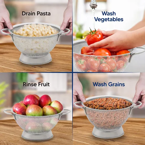 Vista 2 de HIC Kitchen Colador perforado con asas, acero inoxidable 18/8, 7.5 pulgadas