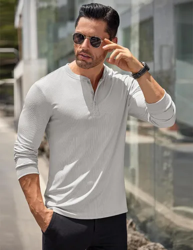 Vista 10 de COOFANDY Camisas Henley de manga larga para hombre, camisetas elásticas acanaladas, camisetas básicas casuales de moda