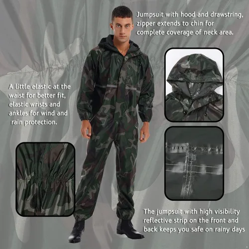 Vista 5 de Hularka Traje de lluvia ligero de una pieza para hombre, impermeable, resistente al viento, traje de lluvia reflectante