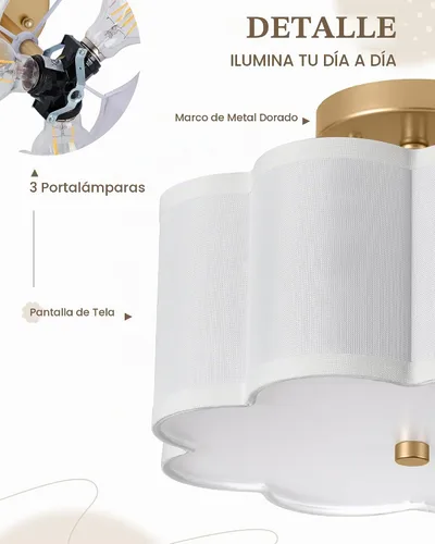 Vista 3 de Lámpara de Techo Semiempotrada Dorada, 3 Luces Accesorios de Iluminación de Techo de 12.5" con Pantalla de Tela en Forma de Flor, Luces de Tambor