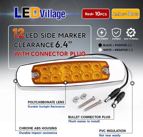 Vista 2 de Paquete de 20 (10 ámbar + 10 rojo) Luces LED de marcador lateral de 12 V con enchufe de 2 cables (CC), 12 luces LED para guardabarros, montaje