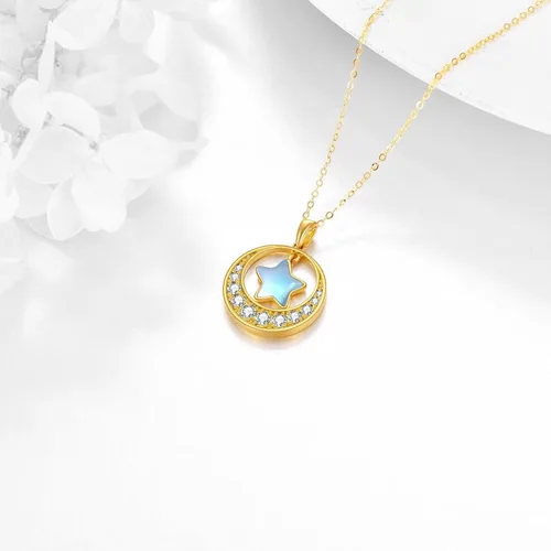 Vista 4 de KECHO Collar con dije de luna de oro de 14 quilates para mujer, oro amarillo real, luna creciente y estrella, collar con dije de ópalo de estrella