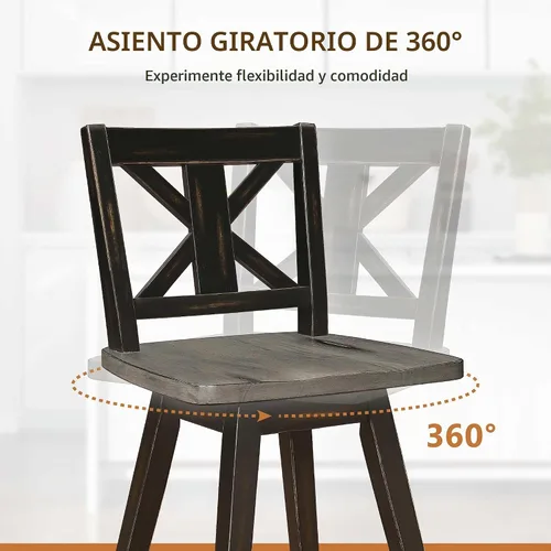 Vista 5 de Homelegance Juego de 2 taburetes de altura de mostrador - Marco de madera maciza, taburetes de madera giratorios de 360°, reposapiés, respaldo en X