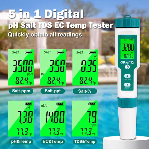 Vista 5 de PORAPXI - Probador digital de salinidad y pH para piscinas, jacuzzis y spas de agua, medidor digital 5 en 1 Digital Salinity Tester 5 in 1 pH Salt