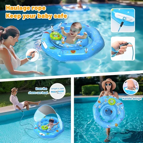 Vista 2 de Flotador de piscina para bebé con toldo y consola de juguetes, asiento seguro ajustable, parasol UPF50+ extraíble, flotador de piscina infantil