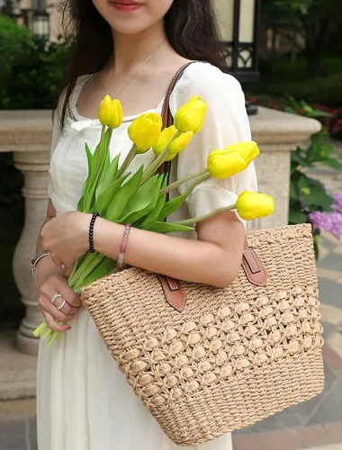 Vista 3 de Bolso Hobo de paja para mujer, bolso de hombro tejido, bolso grande para viajes de verano, playa, bolso hecho a mano