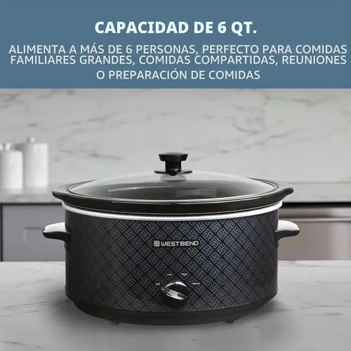 Vista 2 de West Bend Olla de cocción lenta manual de 6 cuartos estilo cerámica con olla de cerámica ovalada apta para lavavajillas y tapa de vidrio, dos Negro