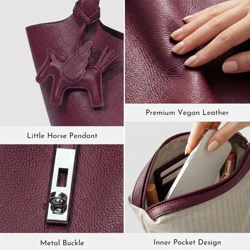 Vista 6 de Bolso de mano para mujer, de piel vegana, bolso de mano con asa superior, bolso de hombro con bolso pequeño desmontable