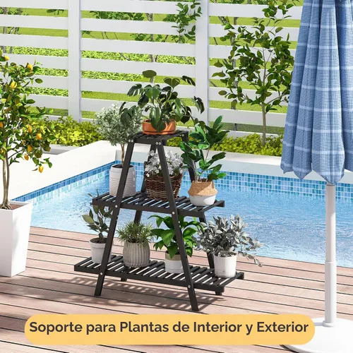 Vista 8 de Soporte de bambú para plantas interior/exterior, 3 niveles, negro, rectangular, 8 macetas para flores, estante para plantas
