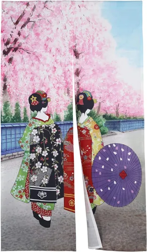 Vista 6 de Cortina japonesa Noren para puerta de Kyoto Geisha Girls con templo flor de cerezo para puerta de cocina, tapiz para decoración del hogar, 33 x 59
