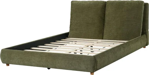 Vista 8 de Merax Cama de plataforma tapizada de tela Boucle tamaño Queen con dos cabeceras de almohada extraíbles, marco de cama de madera con patas redondas