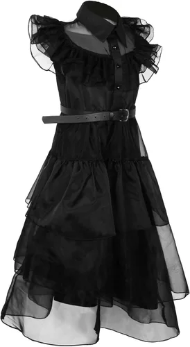 Vista 2 de SPORTBANG Disfraz de Wednesday Addams para niñas, disfraz de cosplay de miércoles, disfraz de Halloween