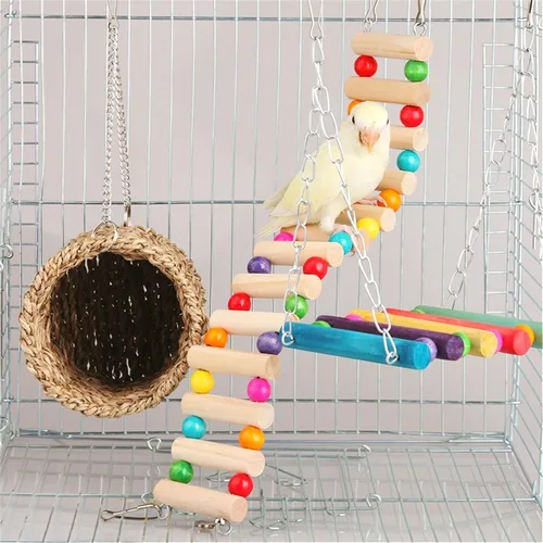 Vista 5 de Hamiledyi Hamster - Hamaca colgante de 3 piezas de madera para ratas, juego de columpios, accesorios para hámster sirio, planeador de azúcar