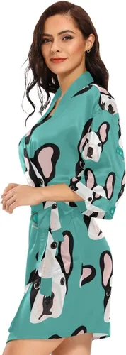 Vista 4 de Susiyo Seamless Cute Cartoon Dog Cachorros Azul Satén Túnica para Mujeres Kimono Estilo Corto Sedoso Albornoz Ropa de Dormir