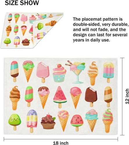 Vista 4 de Juego de 4 manteles individuales con diseño de helado de comida, lavables, impermeables, para decoración de mesa de comedor, 18 x 12 pulgadas