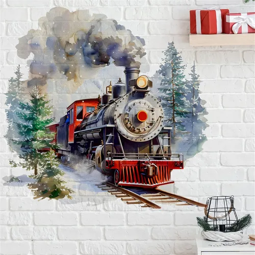 Vista 5 de WAFT YEARN Vinilo removible estilo acuarela retro tren árbol pino calcomanía de pared para decoración de pared de guardería, aula, dormitorio, baño
