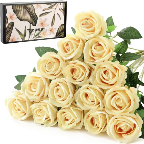 Vista 13 de 12 rosas artificiales de terciopelo sintético para decoración del hogar y boda (rosa perla, negro)