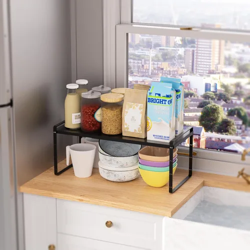 Vista 6 de SANNO Organizador de estantes de cocina expandibles, altura ajustable, gran apilable, armario de cocina, organizador de despensa y mostrador, Negro
