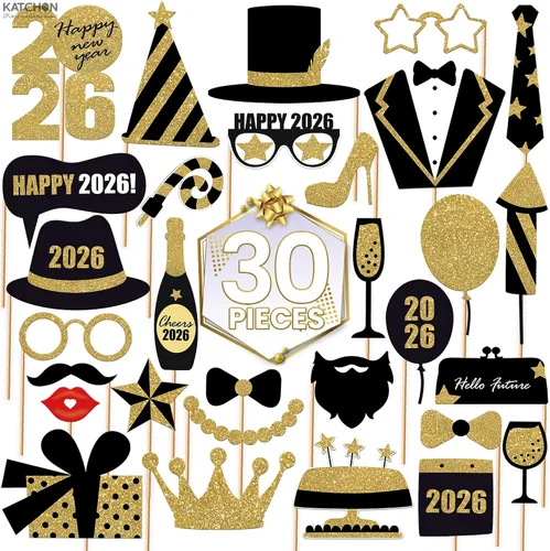 Vista 2 de KatchOn, Glitter New Years Photo Booth Props 2026 - Pack of 30 Gold and Black New Years Eve Photo Booth Props for Happy New Year Decorations 2026