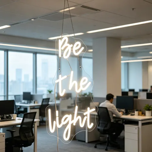 Vista 4 de Letrero de neón con texto en inglés "Be The Light", luces de neón decorativas con citas positivas para decoración de pared de habitación del hogar
