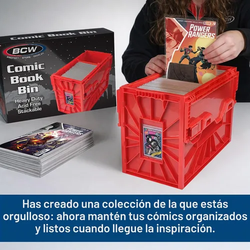 Vista 2 de BCW Recipiente corto para cómics Capacidad para 150 cómics Almacenamiento de plástico apilable Organizador sin ácido Rojo, paquete de 2