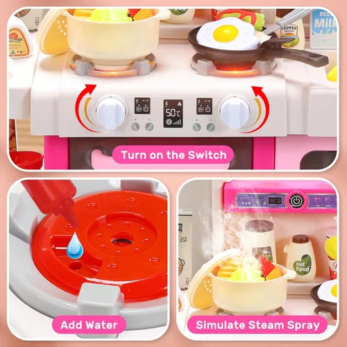 Vista 3 de CUTE STONE Juego de cocina para niños, juego de cocina con sonido y luz, estufa de cocina con vapor, fregadero de juguete, juguete de comida