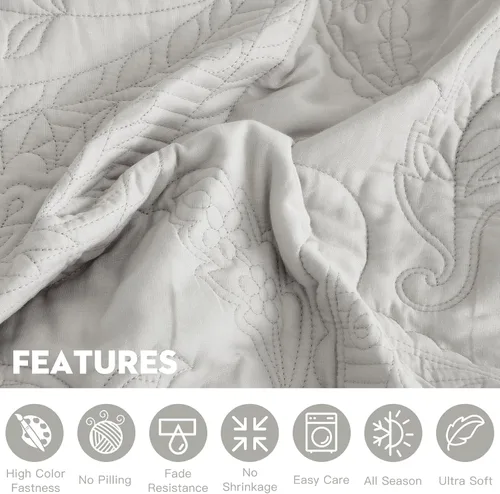 Vista 5 de Colcha Queen de Algodón de Tamaño Grande, Diseño de Patrón Paisley Reversible, Cobertor de Cama Ligero, Juego de 5 Piezas - Queen, Gris Generous