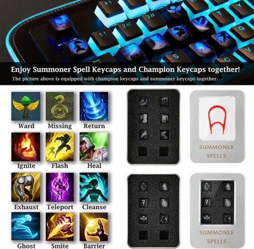 Vista 7 de League of Legends - Teclas personalizadas (Champion Alistar) - Grabado con láser con retrato de cada campeón, pasivo y habilidades. Se adapta a