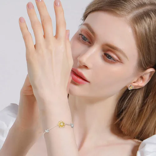 Vista 6 de SNZM Pulseras para mujer de plata de ley 925 con diseño de girasol, cadena ajustable con dije de corazón para cumpleaños, día de la madre, girasol