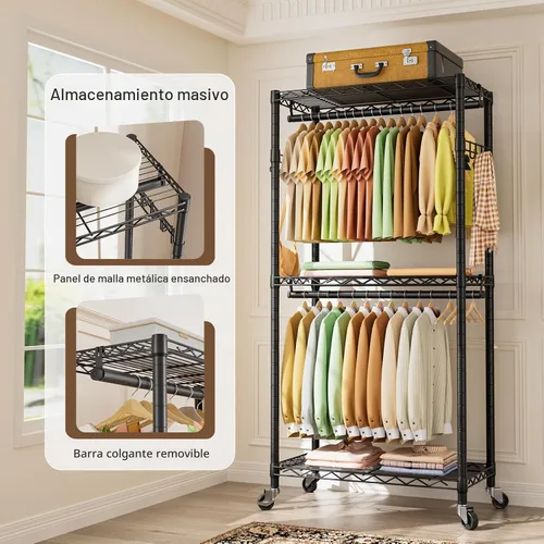 Vista 5 de Golpart Estante de ropa rodante resistente Ruedas Estante de ropa portátil de metal Wardrobe Adjustable Wire Shelving Metal Double Clothing Racks