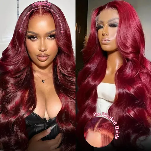 Vista 2 de Pelucas de cabello humano con encaje frontal HD color burdeos de 13 x 6 pulgadas, peluca de encaje frontal de 22 pulgadas, densidad del 180 % Borgoña
