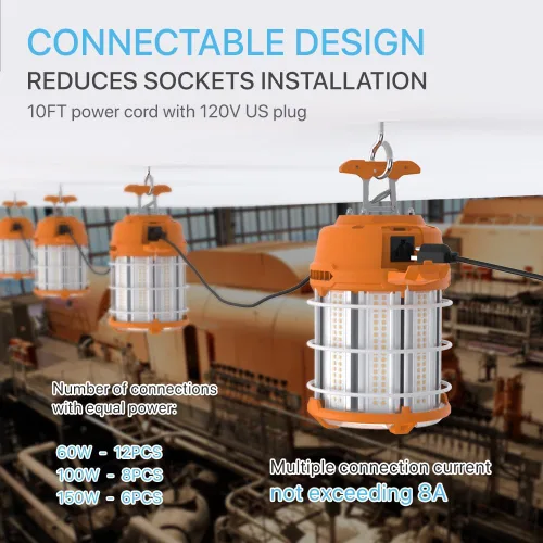 Vista 3 de HYPERLITE Luz de trabajo temporal LED 60W 7500LM 200W HID/HPS 5000K, luz de construcción colgante portátil con protector de seguridad de acero